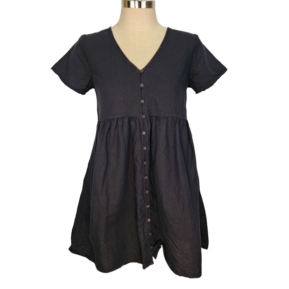 Madewell Dresses & Skirts - Madewell Black Linen Blend Alexandra Button Front Babydoll Mini Dress Small